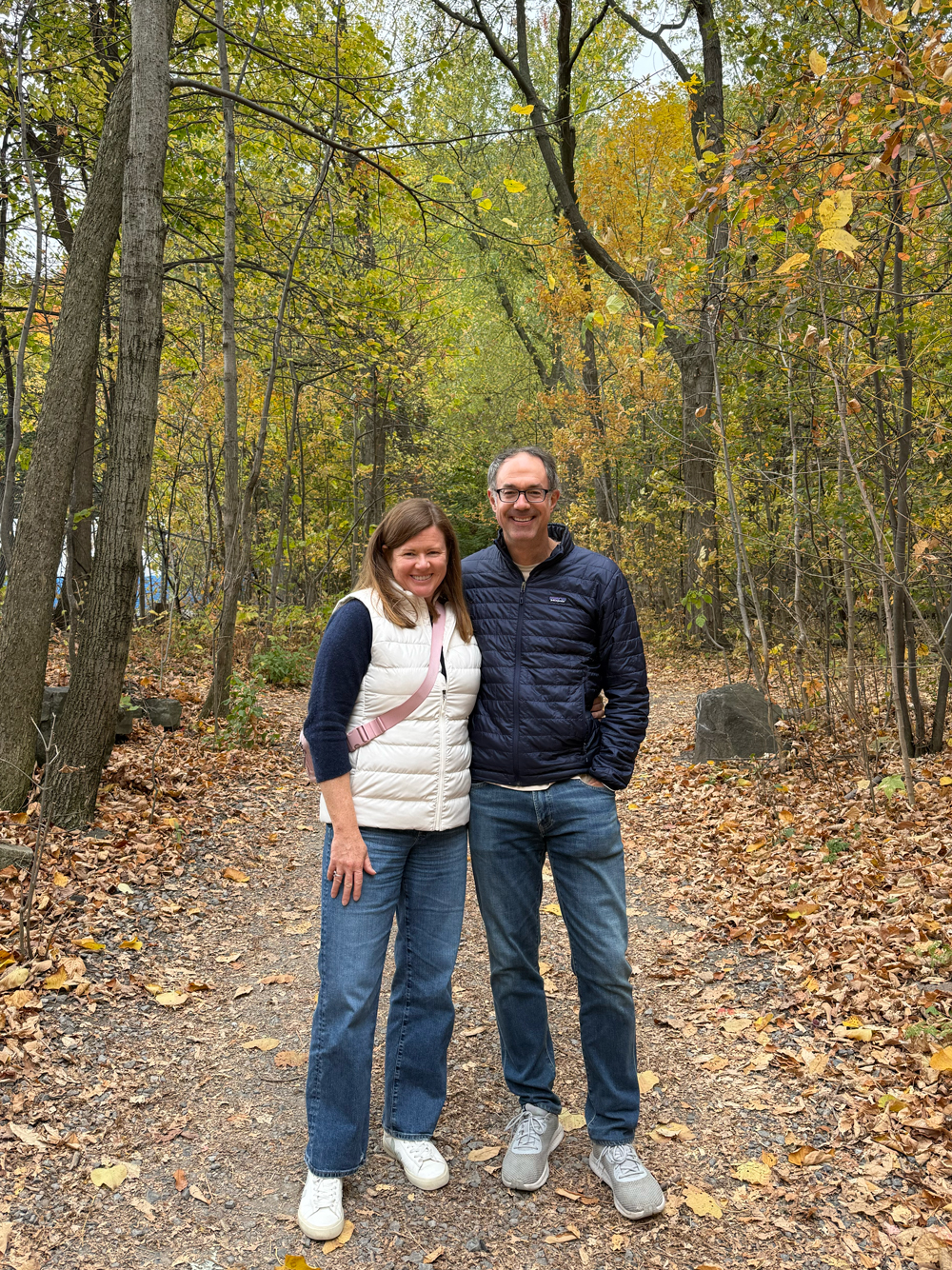 Catherine and Mark in Montreal’s Mount Royal Park in Fall 2025 during one of our site visits